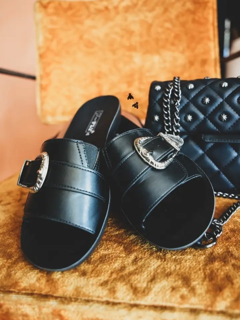 Black Buckle Slide Sandals - Women